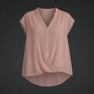 Ladies Large French Tucked Blouse Dusty Pink Button Down Twist Hem V-Neck Blouse